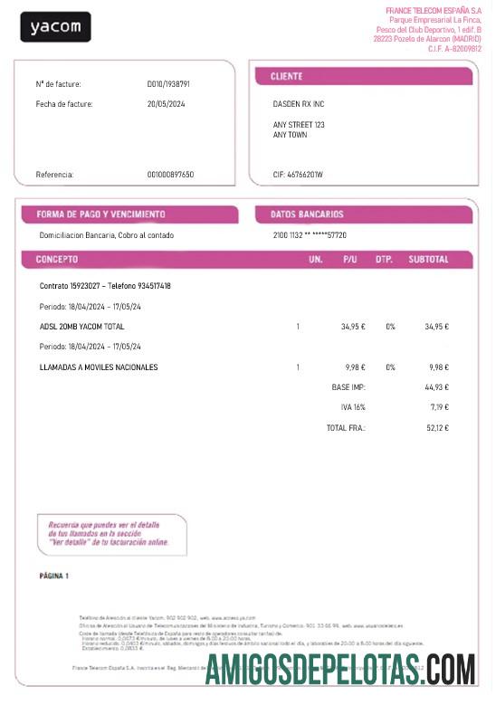 Em branco modelo Word e PDF de fatura de serviços públicos de negócios da Espanha Yacom